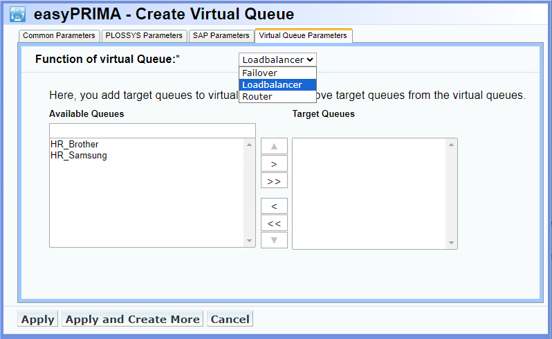 Dialogue to set up a failover queue in easyPRIMA